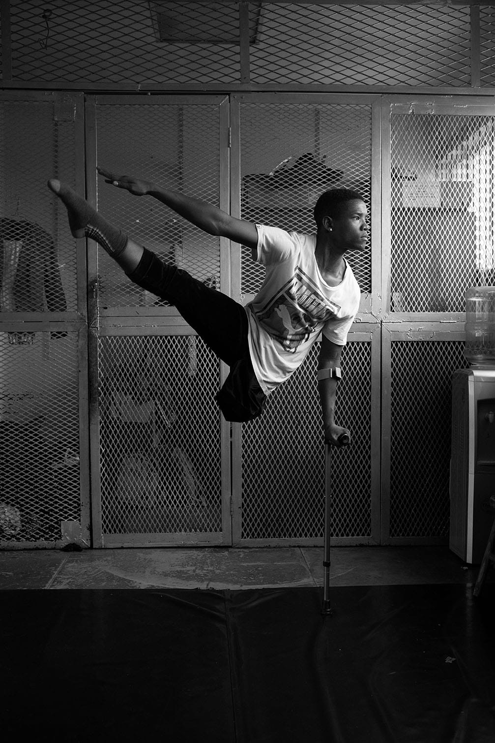Professional dancer Musa Motha, who dances on crutches, poses after a practice session in Newtown, Johannesburg, South Africa. Picture: Alon Skuy