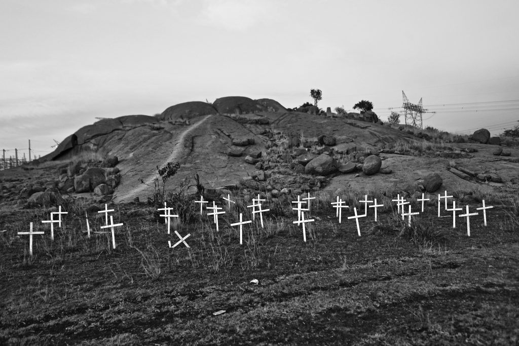 Memorial crosses at the foot of the ‘koppie’, at Marikana. (Photo by Alon Skuy)
