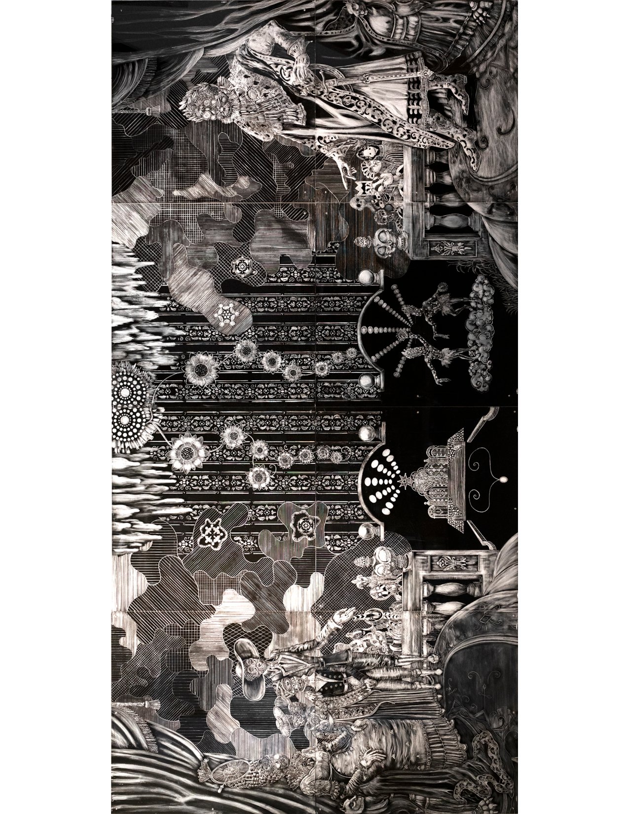 A detailed black-and-white engraving depicting King Henri and the royal court of Haiti, featuring elaborate clothing, crowns, jewelry, and ornate decorative patterns.