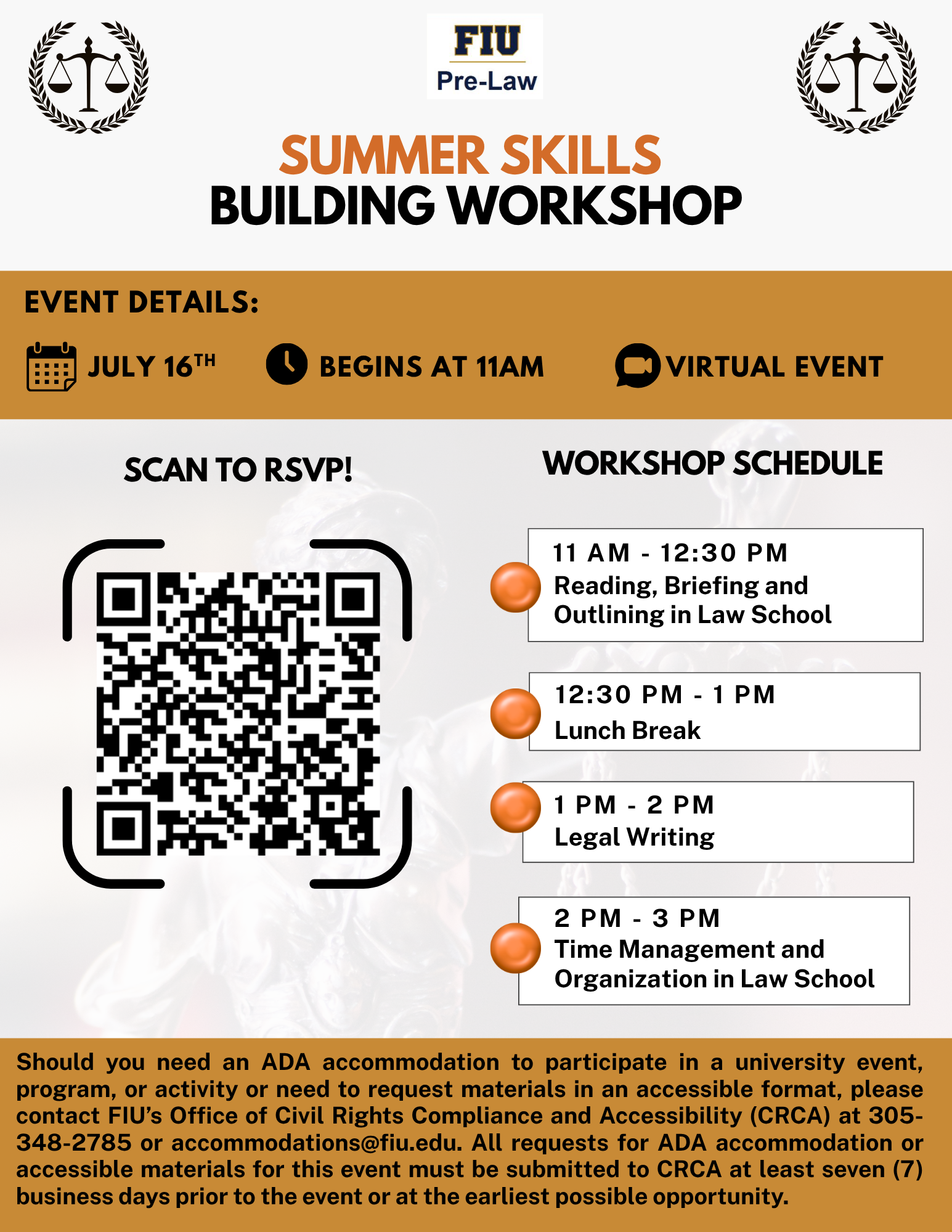 Flyer for FIU Pre-Law’s “Summer Skills Building Workshop.”